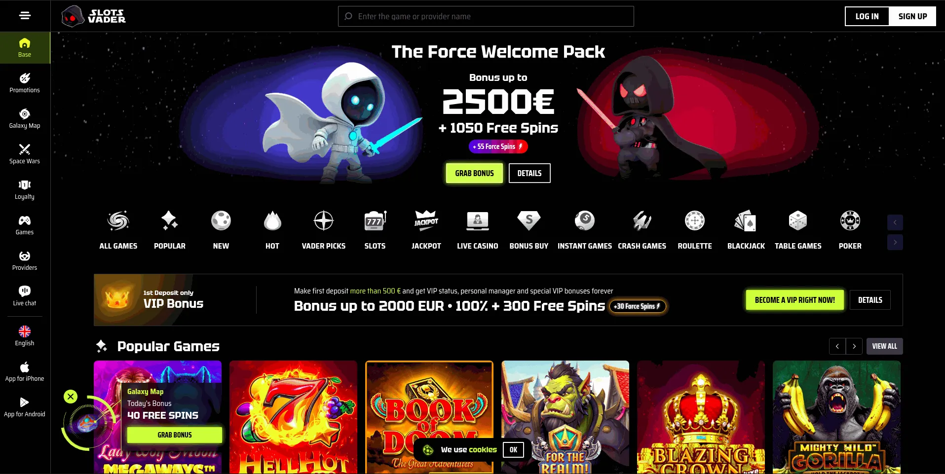SlotsVader casino start page